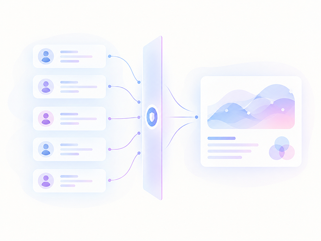 Illustration of protected data flow with shield privacy boundary leading to organizational insights